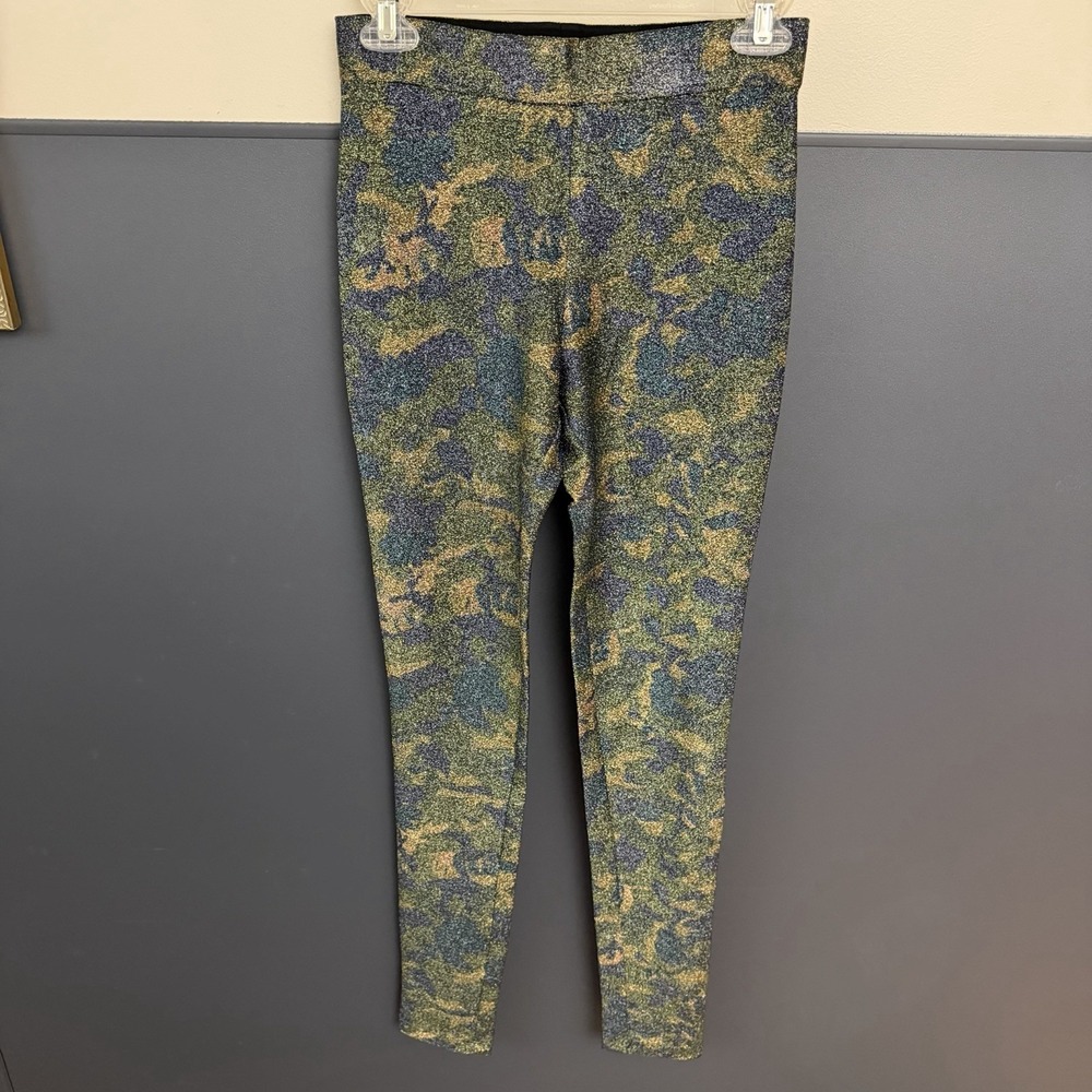 Ganni Metallic Leggings Pants Size 34 Blue Gold Elastic Waist Pull On (26x33.5")